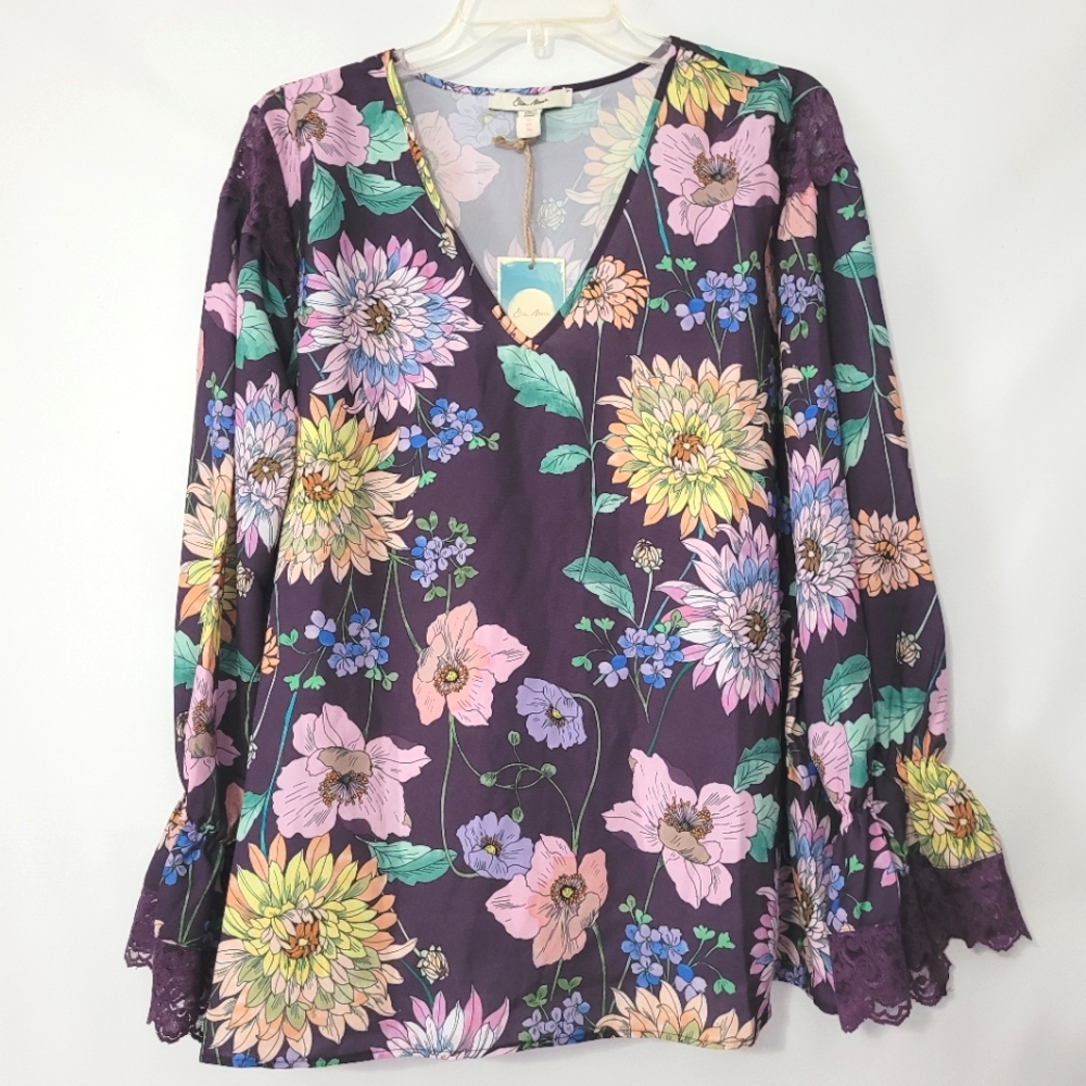Ella Moon Purple Botanical Ruffle Sleeve Blouse XL New!